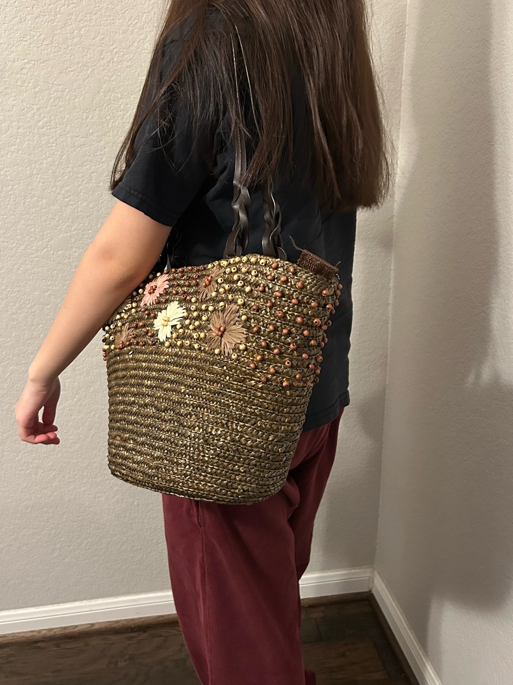 Source Unknown Brown Straw Tote with Floral Accents - Picture 10 of 12